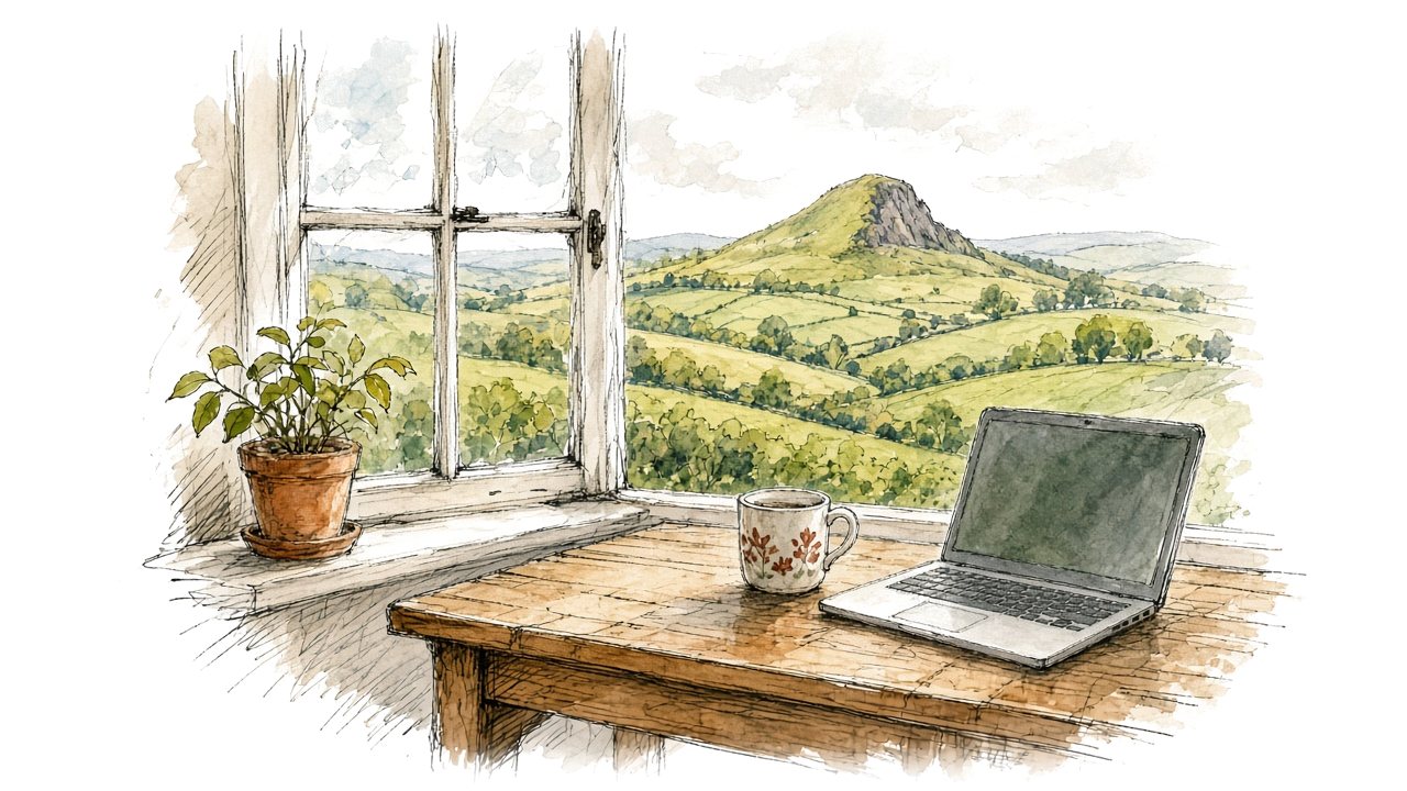 Illustration of a desk with a laptop and a mug of tea by an open window, looking out over green fields to Roseberry Topping