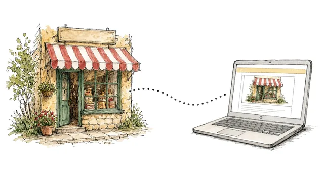 Pencil and watercolour illustration of a little shop with a striped awning, joined by a dotted line to a laptop showing its website