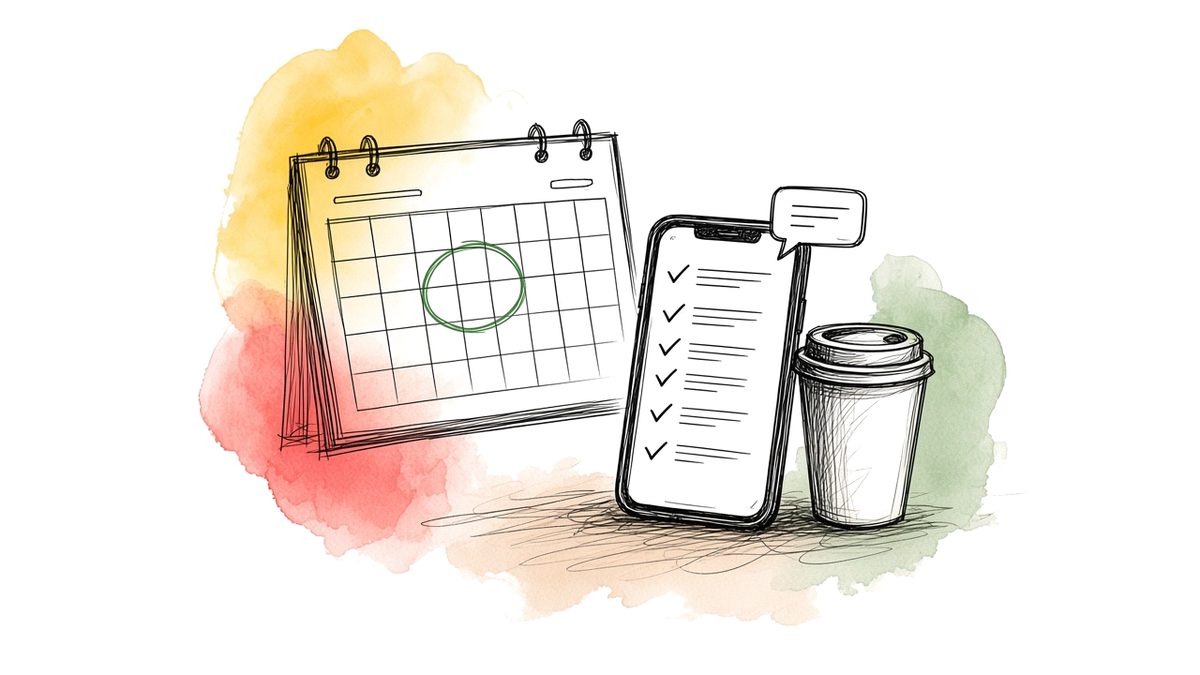 Illustration of a desk calendar, a phone with a ticked list and a takeaway coffee