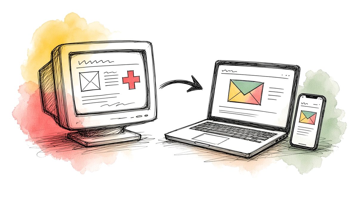 Illustration of an old computer monitor with an arrow to a new laptop and phone