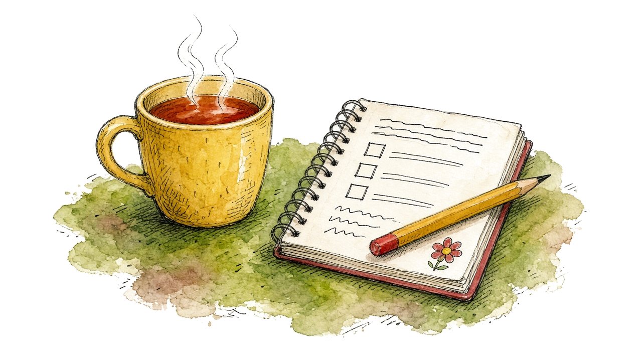 Illustration of a cup of tea beside a notebook checklist