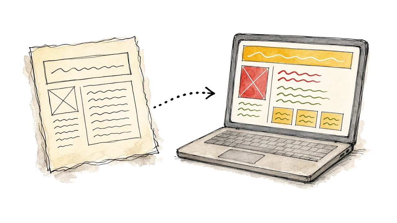 Illustration of a paper sketch becoming a website on a laptop