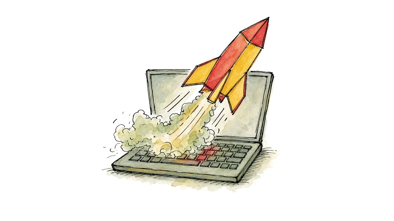 Illustration of a paper rocket launching from a laptop