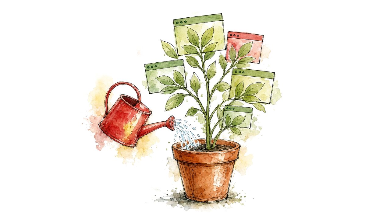 Illustration of a watering can tending a plant with website windows for leaves