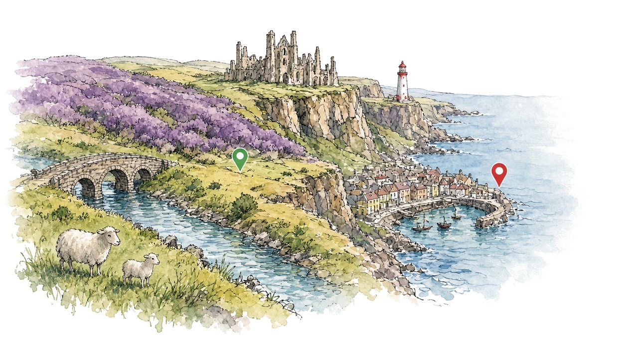 Illustration of the North Yorkshire coast with cliffs, an abbey ruin and map pins