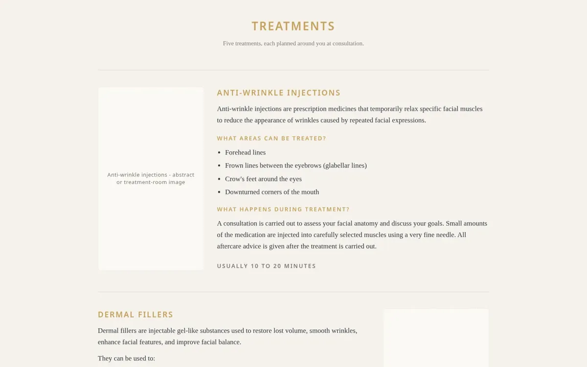 The clinic homepage design on a laptop, showing the treatments section, with identifying details blurred