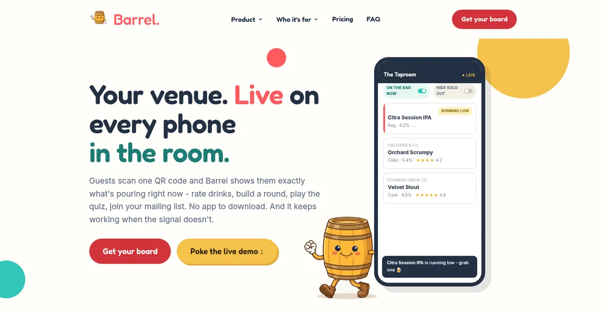 The Barrel website on a laptop: "Your venue. Live on every phone in the room." beside a phone showing a live drinks board