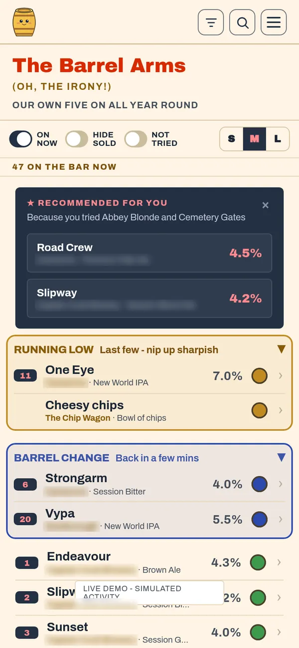 A Barrel demo drinks board on a phone, with drinks marked as running low or changing soon (brewery names blurred)