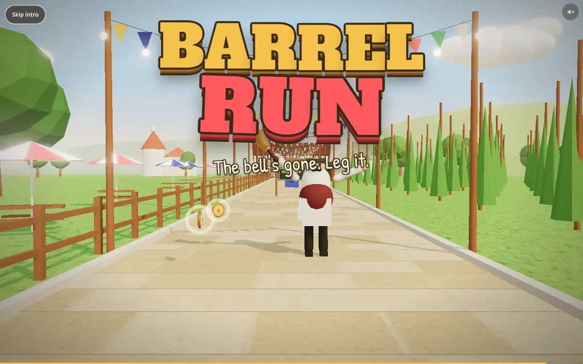 The Barrel Run title screen on a laptop: "Barrel Run. The bell's gone. Leg it." over a festival path strung with bunting