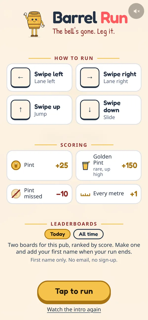 The Barrel Run "How to run" screen on a phone: swipe controls, points for pints and the two leaderboards