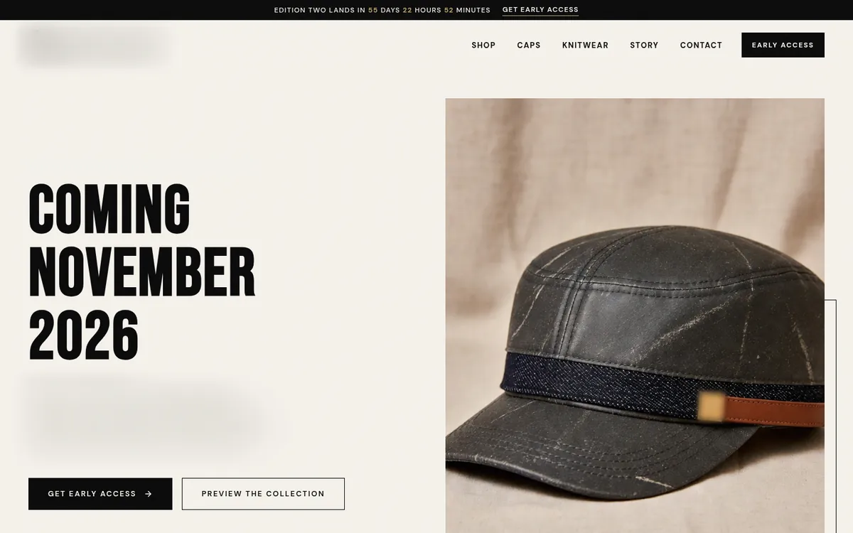The coming-soon homepage on a laptop: "Coming November 2026" under the countdown bar, with the brand name blurred