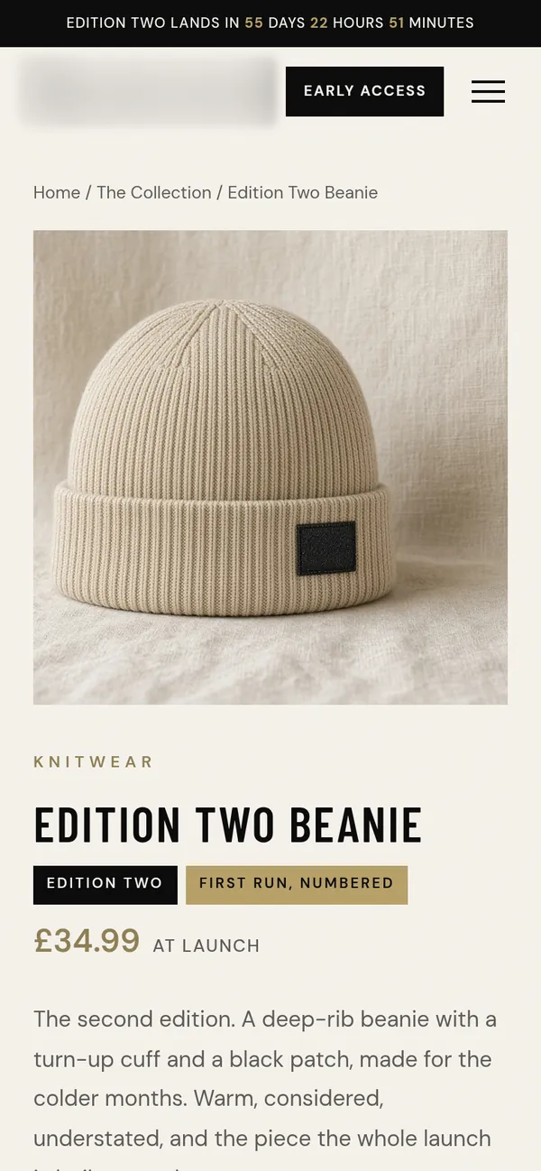 A teaser product page on a phone, with the price marked "at launch" and the brand name blurred