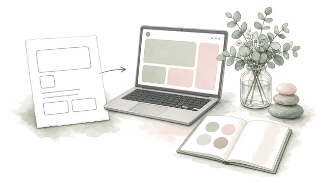 Illustration of a page sketch becoming a laptop web page, with a eucalyptus vase and a booklet of colour swatches