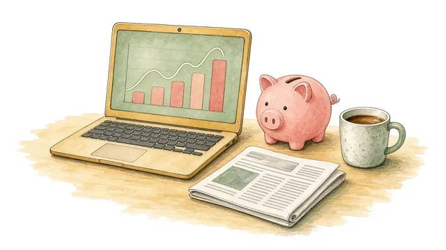 Illustration of a laptop showing a gentle dashboard, beside a piggy bank, a cup of coffee and a folded newspaper