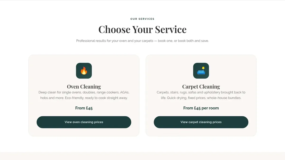 The Oven Queen's website on a laptop: "Choose Your Service", with oven and carpet cleaning cards and starting prices