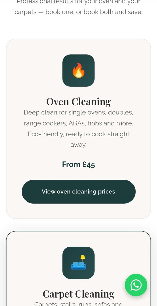 The Oven Queen's website on a phone, showing the oven cleaning service card