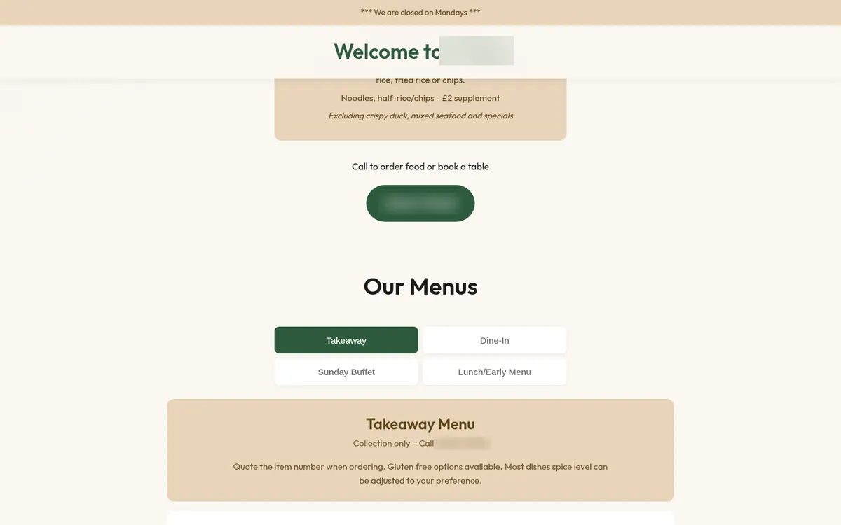 The restaurant's website on a laptop (name and phone blurred), with "Our Menus" tabs for takeaway, dine-in, Sunday buffet and lunch