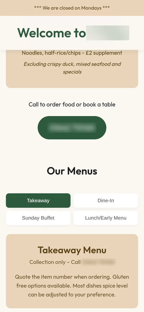 The restaurant's website on a phone, showing the menu tabs and the takeaway menu, with its name and phone number blurred