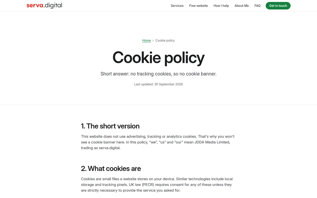 The serva.digital cookie policy on a laptop: "Short answer: no tracking cookies, so no cookie banner."