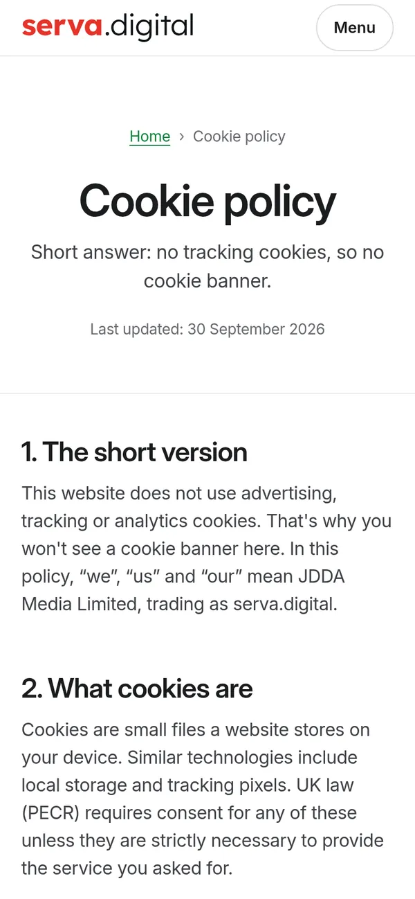 The serva.digital cookie policy on a phone