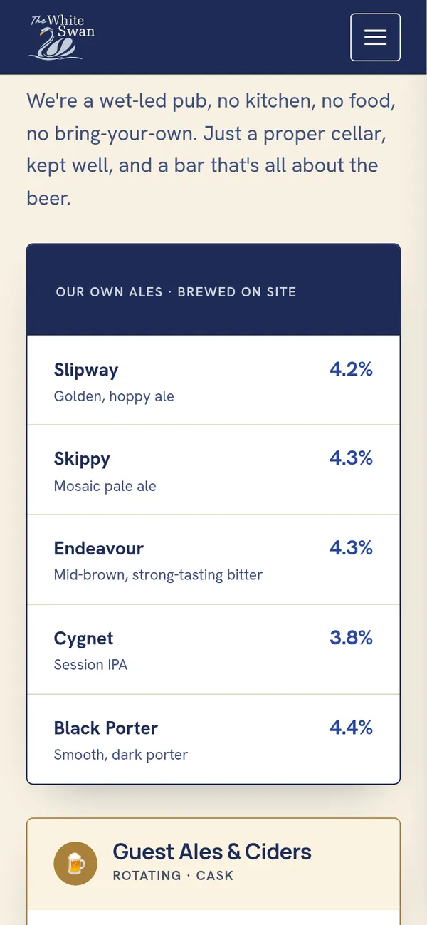 The White Swan website on a phone, showing the board of ales the pub brews itself